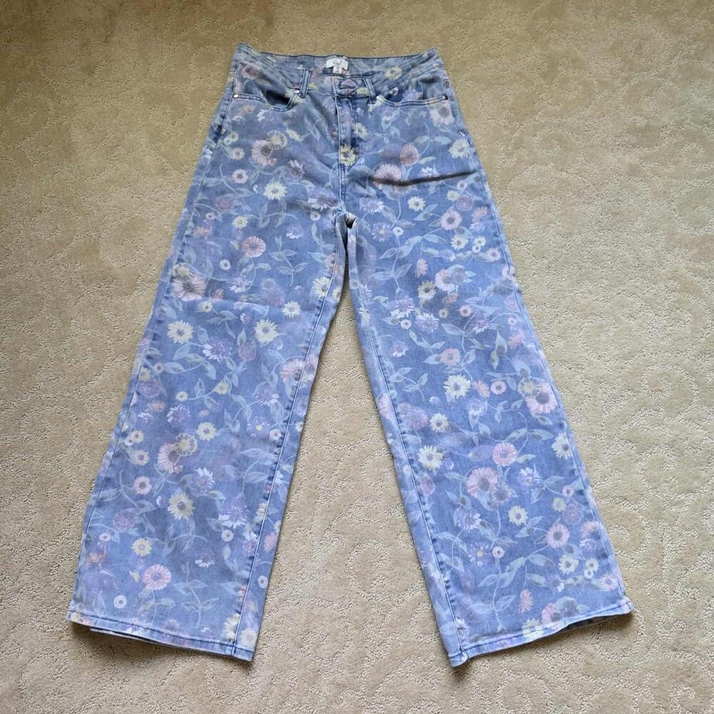 Easel Washed Denim Floral Print Pants